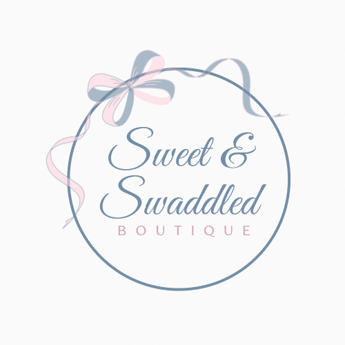 Logo for Sweet & Swaddled Boutique with decorative ribbons on a light background