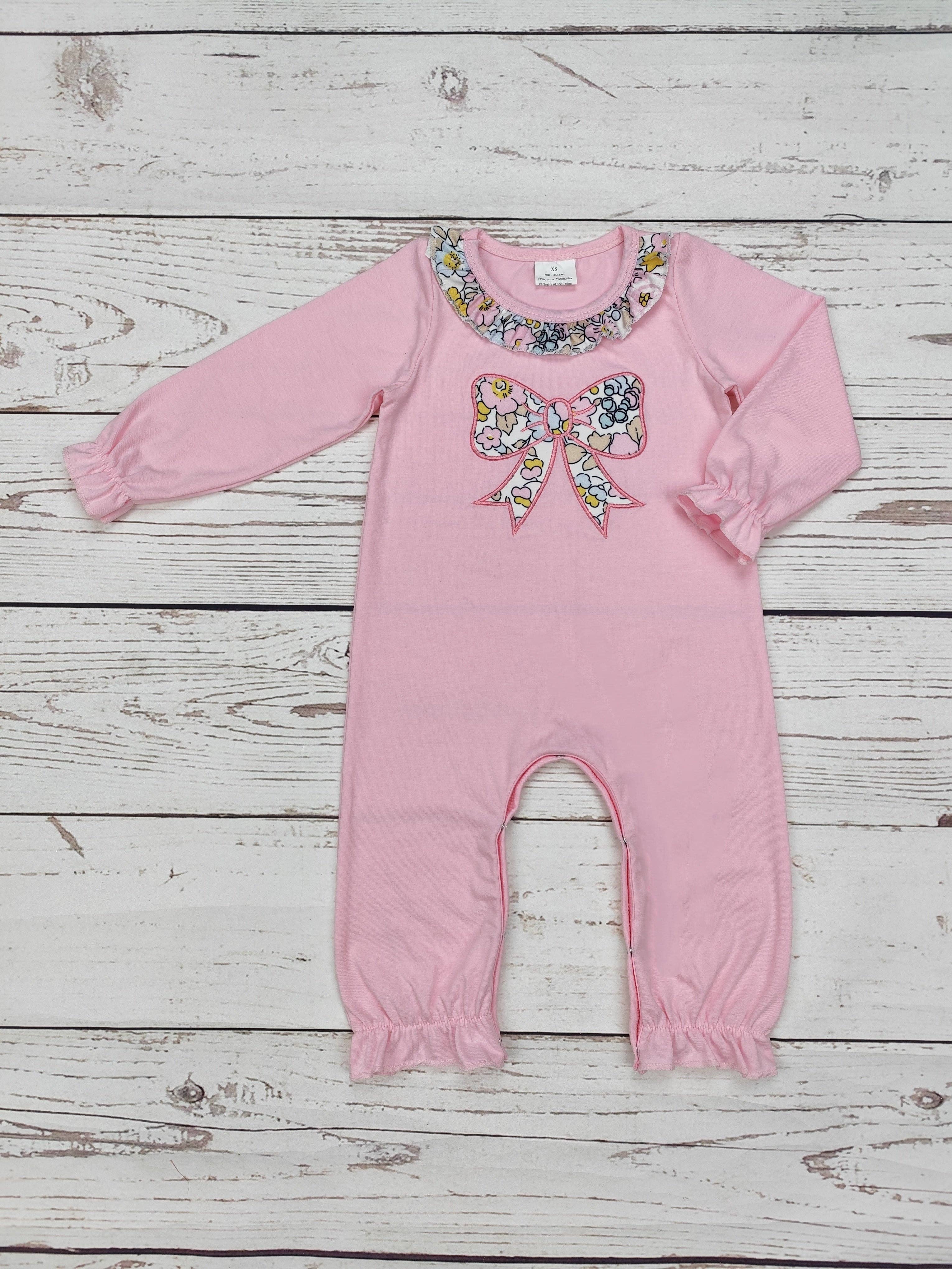 Baby Girls Pink Bow Appliqué Romper