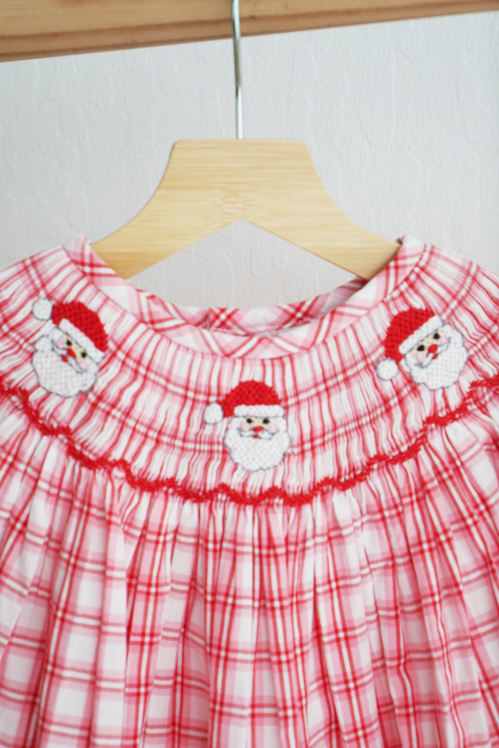 Red christmas santa claus hand smocked plaid dress