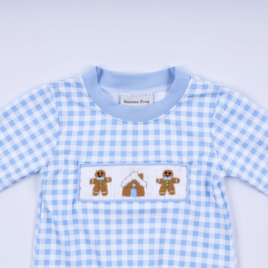 Blue gingerbread hand smocked gingham romper