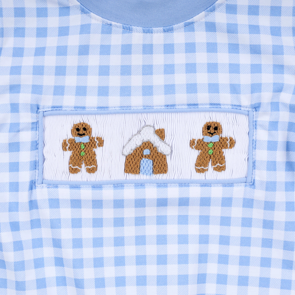 Blue gingerbread hand smocked gingham romper